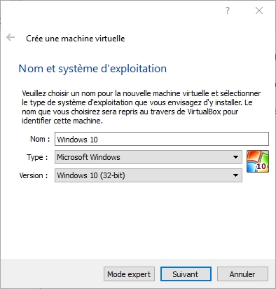 Nommer machine virtuelle Win 10